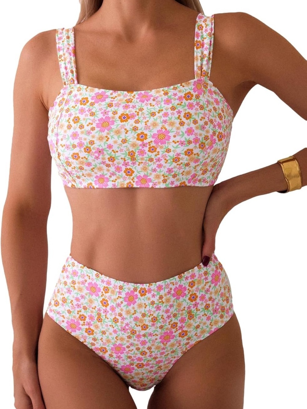 High Waisted Bikini Sets Wide Straps Two Piece  Pink Floral Print 1688/bb1-1